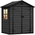 DWVO 6X5FT Resin Storage Shed with Reinforced Floor, Outdoor Storage Shed with Lockable Door, Window and Vents, Waterproof Plastic Tool Shed for Garden, Backyard, Patio, Lawn