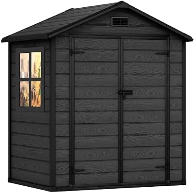 DWVO 6X5FT Resin Storage Shed with Reinforced Floor, Outdoor Storage Shed with Lockable Door, Window and Vents, Waterproof Plastic Tool Shed for Garden, Backyard, Patio, Lawn