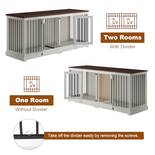 Large-Dog-Crate-Furniture-Indoor-Wooden-Dog-Kennel-Furniture-with-Room-Divider-and-2-Doors-71x236x315H-White Large Dog Crate Furniture Indoor Wooden Dog Kennel Furniture with Room Divider and 2 Doors 71x236x315H White