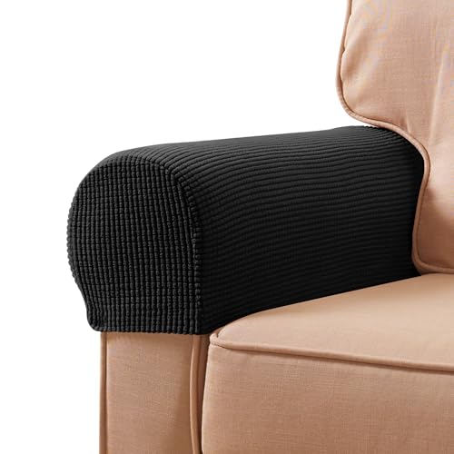 SUBRTEX Stretch Armrest Covers Anti-Slip Upgraded Spandex Arm Covers for Chairs Couch Sofa Armchair Slipcovers for Recliner Sofa with Hook and Loop Tape (2pcs, Black)