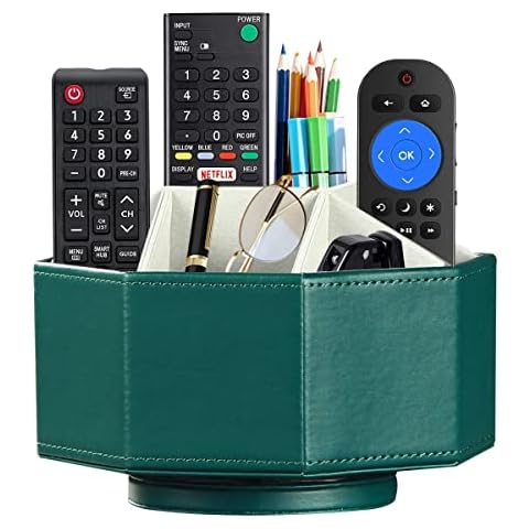 Swivel Remote Control Holder, 9 Rooms Desk Organizer and Decorations for Living Room, Leather Bedside Storage Caddy for TV Controllers/ Makeup Brush Pen/ Office Stationery/ Art Supplies/ Eyeglasses Cover