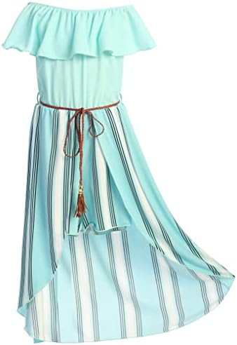 BluNight Collection Big Girls 2 Ways Ruffle Hi Lo Maxi Skirt Romper Belt Jumpsuit Birthday Holiday Tiff Stripe 14 (2J1K42S)
