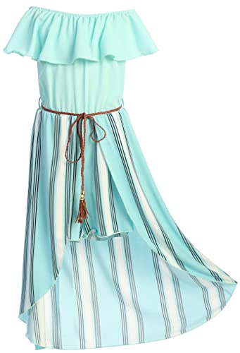 Blunight Collection Big Girls 2 Ways Ruffle Hi Lo Maxi Skirt Romper Belt Jumpsuit Birthday Holiday Tiff Stripe 14 (2J1K42S) #TOP5