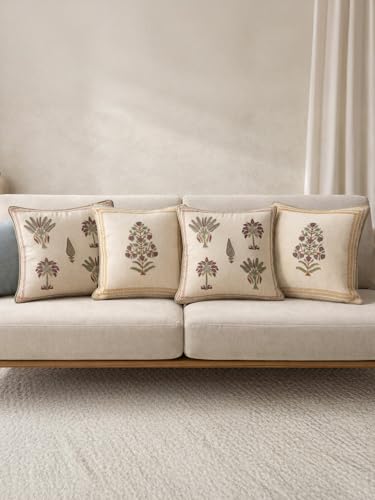 Image of Vatika Hand Block Print 100% Cotton Fabric Cushion Covers | Size - 16 x 16 Inches | Decorative Throw Pillow Covers for Sofa, Bed & Living Room | Soft & Durable Jaipuri Cushion Cover | Set of 4
