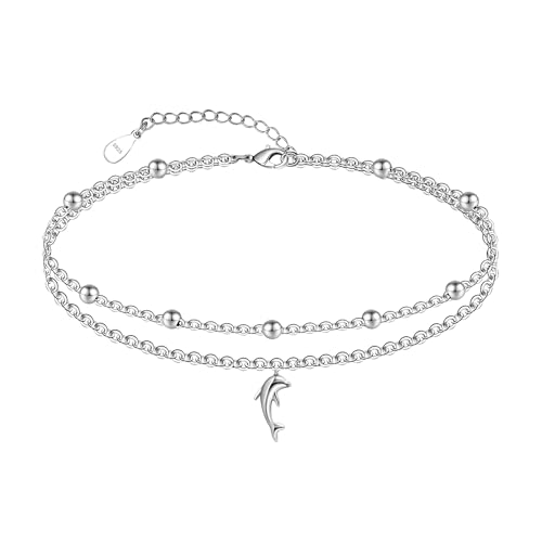 Image of CHIC & ARTSY 925 Sterling Silver Ankle Bracelets for Women, Adjustable Layered Foot Chains with Nature & Symbol Charms, Lightweight Comfort Fit Boho Beach Everyday Jewelry