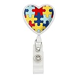 Autism Awareness Diversity Puzzle Pieces Heart Lanyard Retractable Reel Badge ID Card Holder - White
