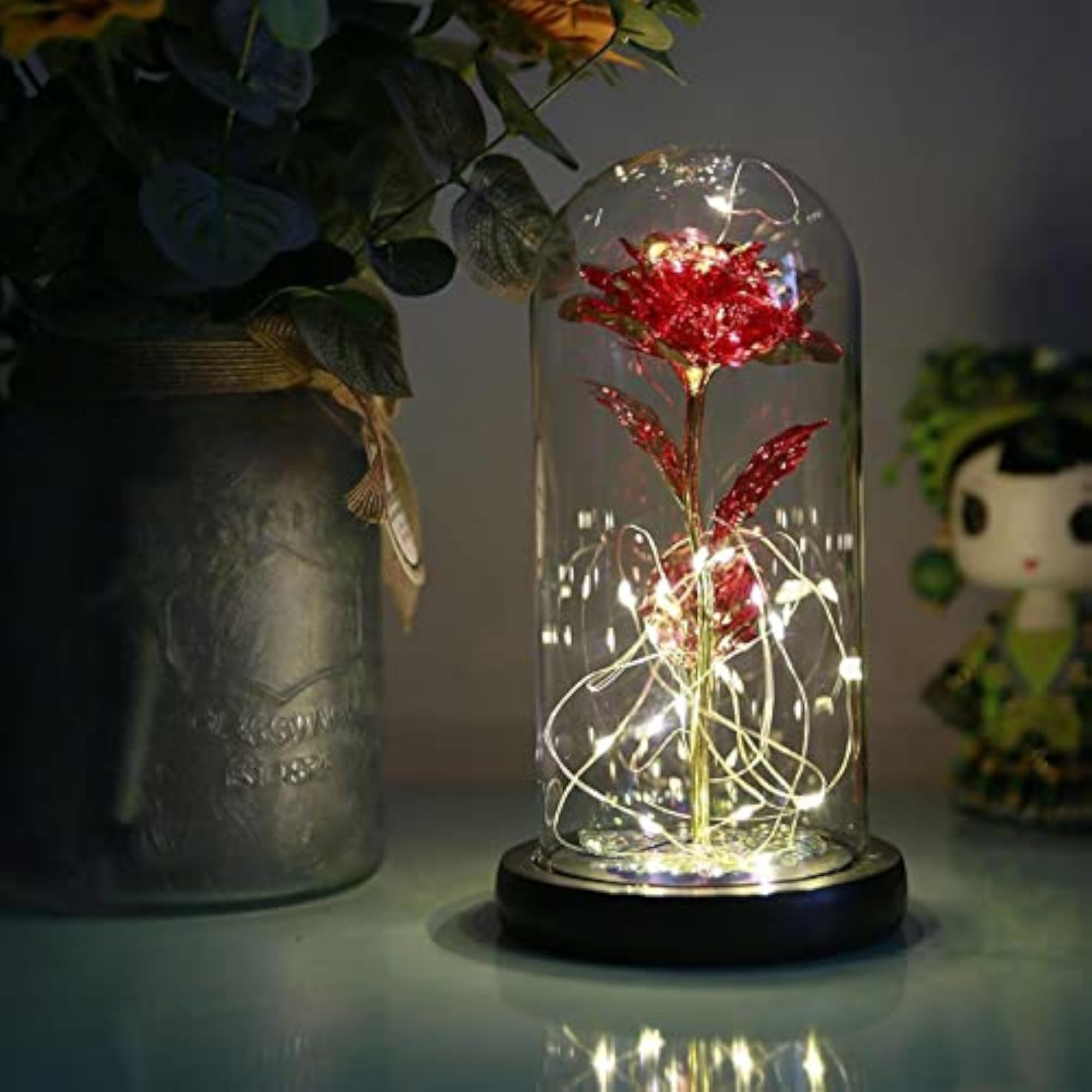 Galaxy Rose Flowers Forever in Glass Dome with Colorful LED Light