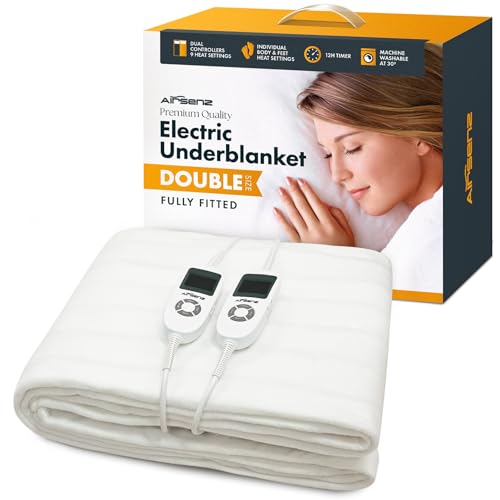 AIRSENZ Fully Fitted Double Electric Blanket With Dual Controls - Deep Elasticated Skirt - Fits like a Fitted Sheet - 9 Heat Settings - Unique Body and Feet Settings - 12 Hour Timer