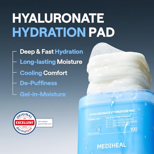 Image of MEDIHEAL Toner Pads 100 Count - Hyaluronate 99% Pure Low-Molecular Hyaluronic Acid - Intensive Hydration&Soothing - Contains Squalane to Increase Absorption - Vegan Gel Texture Pad, Korean Skin Care