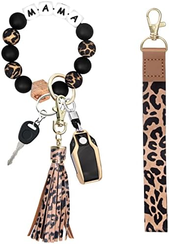 PAKASEBOXES Wristlet Keychain Bracelet - Silicone Beaded Key Ring Lanyard House Car Key Chains Bracelet for Women Leopard MAMA