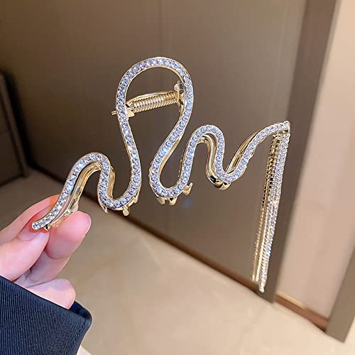 Jumwrit Large Rhinestone Hair Claw Big Wave Hair Clip Strong Hold Metal Hair Clip Long Tassel Chain Hair Claw Non Slip Hair Clamp Fashion Hair Claw Clip For Thick Hair(Gold) #TOP2