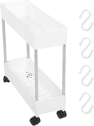 Housoutil Carrito de almacenamiento delgado con ruedas, estantería móvil de 2 niveles, estante de plástico blanco y hierro para cocina, baño,