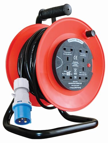 K M Electronics 16A Plug to 4 13A Sockets Camping Caravan Tent Mains Hook Up Extension Cable, 50 Metres
