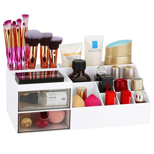 LETURE Desk Organizer, Cosmetic Makeup Vanity Organizer Box, Bathroom Counter Makeup Storage for Eyeshadows, Skin Care, Concealers, Powders, Nail Polish (White)