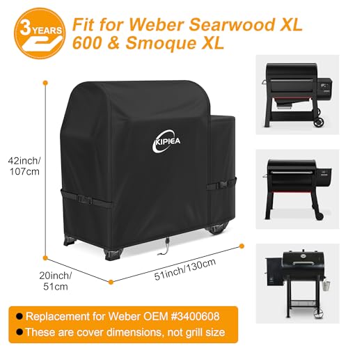Image of Kipiea 600D Pellet Grill Cover for Weber Searwood XL 600 & Smoque XL, Waterproof BBQ Smoker Cover, UV Resistant, No Tear, No Fading