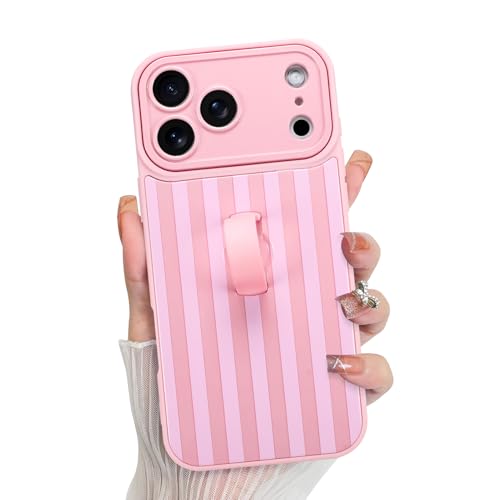 KANGHAR Compatible with iPhone 17 Pro Max Case 2025 Silicone Stripes Cute Pattern Wristband Kickstand Camera Protection Soft Slim Cover for Girls Women -Pink