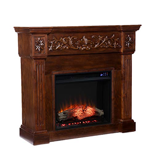 SEI Furniture Calvert Electric Fireplace with Carved Floral Trim, New Espresso
