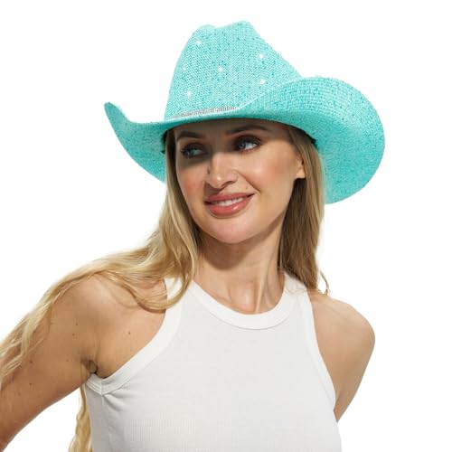 Sequin Cowboy Hat for Men & Women Sparkly Cowgirl Hat with Thread Detail Stylish Cowboy Hat Men Love for Parties Festivals & Western Outfits - Lake Blue