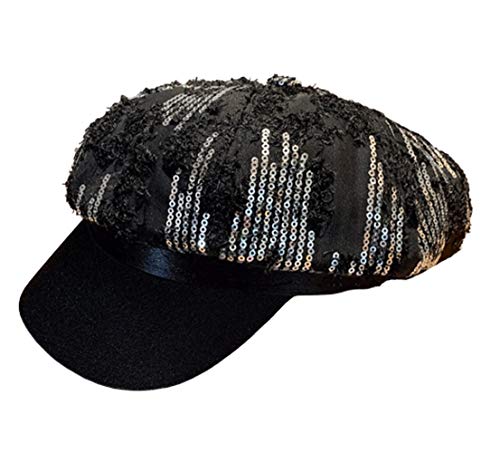 Chapeau béret femme noir style casquette octogonale à paillettes