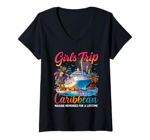Femme Girls Trip Cruise Caribbean 2026 Cruise Squad Vacation Party T-Shirt avec Col en V