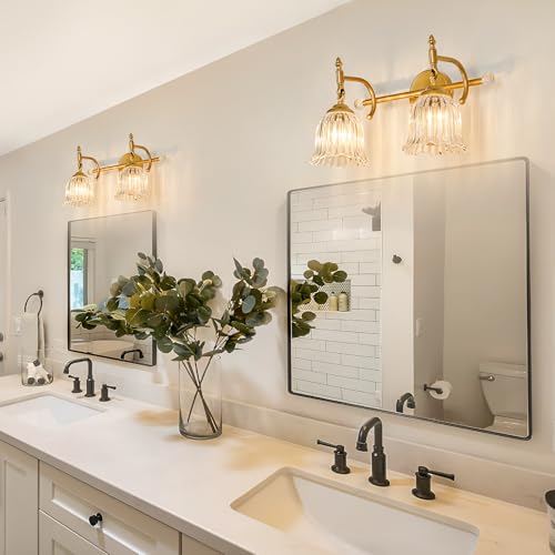 Image of CVKASH 2-Light Bathroom Vanity Light Fixtures Over Mirror,Brushed Gold Modern Vanity Light with Glass Shade Vintage Wall Sconce for Bedroom Dressing Room Living Room Hallway Cabinet