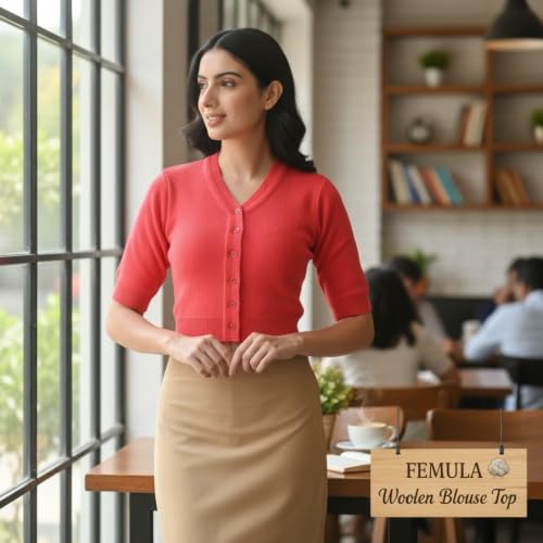 Image of Women Winter Wear V-Neck Half Sleeves Regular Fit Woollen Blouse