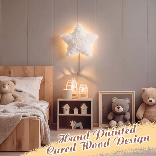 Image of Aurelema Fluffy Star Night Light Wall Lamp Sleeping Nursery Lighting Cute Floating Battery Operated Hanging Lamp for Baby Boys Girls Bedroom Room Nursery Wall Decorations