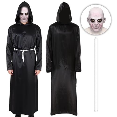 AENEY 2PCS Adult Men Uncle Freak Costume with Gothic Cosplay Mask, Black Robe Uncle Outfit for Halloween Party Dress Up (L-XL) - Image 4