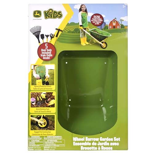 John Deere Deluxe 34" Wheelbarrow and Garden Set Includes 5 Realistic Gardening Tools,Gardening Apron, Gardening Gloves, Large Metal Wheelbarrow with Wooden Handles, Outdoor Toy Ages 5+ by John Deere - Image 6