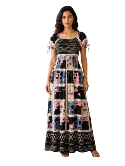 Perry Collection Women's Cotton Maxi Dress Western Dress for Women|Puff Sleeve Square Neck| Elegant Long Dresses | Soft & Breathable Fabric | Casual Trending Dress for Women-image-33