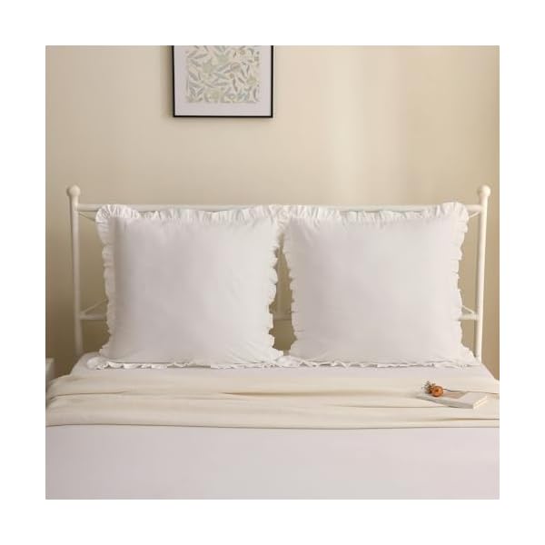 Shabby ruffled euro pillow shams set of 2 washed cotton off white farmhouse vintage pillowcases 26×26 bed pillow covers  urban country home decor