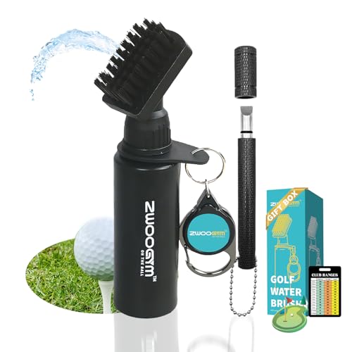 ZWOOGYM Pro Golf Club Cleaner Set Water Brush with Retainer Clip and 4 oz. Bottle, Golf Groove Sharpener Tool Suitable for U & V-Grooves, Essentials Golf Bag Accessories Best Golf Gifts for Men/Women