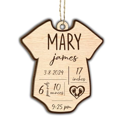 Personalized Wooden Baby's First Christmas Ornament with Birth Stats, Custom Baby Announcement with Birth Statistics Ornaments for Xmas Tree, Baby Bodysuit Keepsake for Baby Boy Girl Newborn Grandbaby