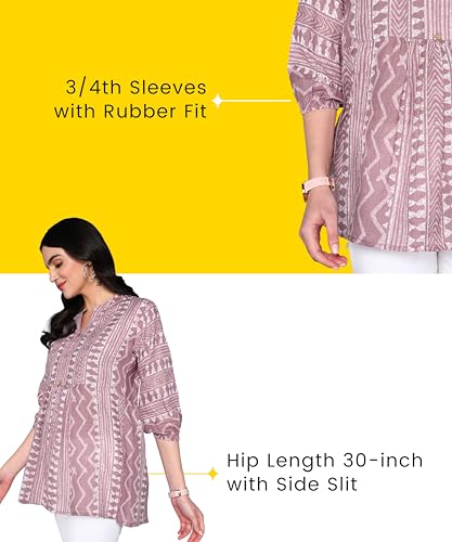 Image of Stylistico Geometric Print Summer Cotton Tunic Western Everyday Regular Fit Full Sleeve v Neck Office Peplum Printed Long Tops for Women Latest