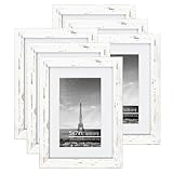 DUCIHBA 5x7 Farmhouse Gallery Picture Frame Collage Set, Distressed White Light Beige Textured Wood Grain Profile, Real Glass Matted for 3.5x5.5 Photos, Drawings, 6 Pack