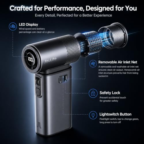 Image of JISULIFE Portable Handheld Fan Ultra2, 9000mAh Max 25 Hrs, 5 in 1, 100 Speed Turbo Fan Rechargeable, Metal Shell Multi-Function Travel Essentials Gifts for Men-Dark Grey
