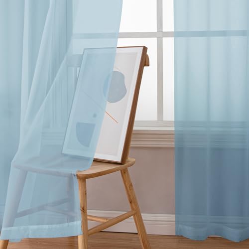 Image of Simplebrand Sky Blue Sheer Curtains 84 Inches Long, Light Filtering Rod Pocket Solid Color Window Sheer Curtain Panels, Elegant Curtains & Drapes for Living Room, Bedroom 2 Panels (42 inch W x 84 inch L)