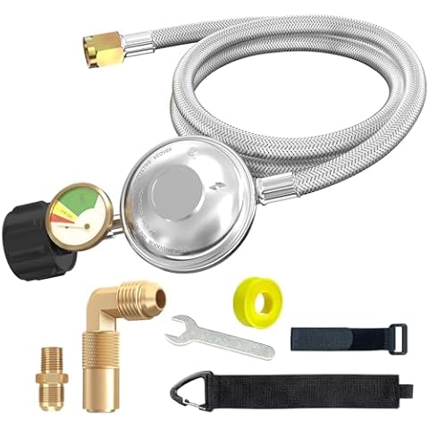 NQN Upgraded 6 FT Stainless Braided Propane Regulator Hose with Gauge, QCC1 Propane Adapter Hose Regulator for 20lb Tank with Elbow Adaptor, Replacement Part for Blackstone Weber LP Gas Grill Heater Cover