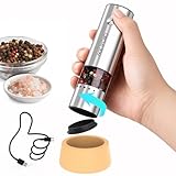 CIRCLE JOY 小型 充電式ペッパーミル 電動 ステンレス製ペッパーミル 厚さを外部で調整する 30ml容器 木製収納ベース ミニサイズ シルバー