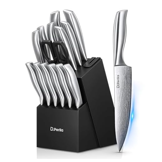 D.Perlla messenblokset, 15-delig zelfslijpend messenblok, scherpe roestvrijstalen messenset met ergonomisch handvat en houten blok, professionele keukenmessenset