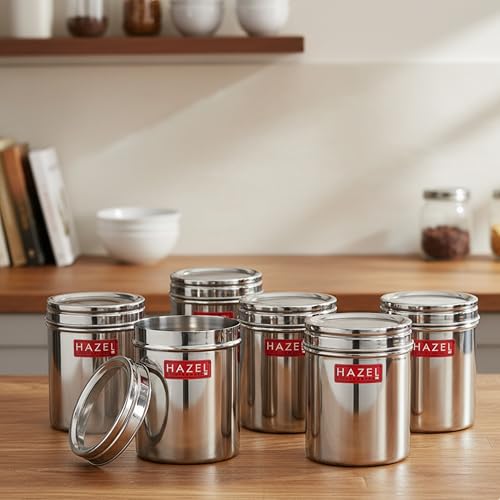 Image of HAZEL Stainless Steel Kitchen Container with Transparent Lid | Top See Through Kitchen Container Set with Matt Finish | Multipurpose Container for Kitchen Storage, 1100 ML, Set of 6