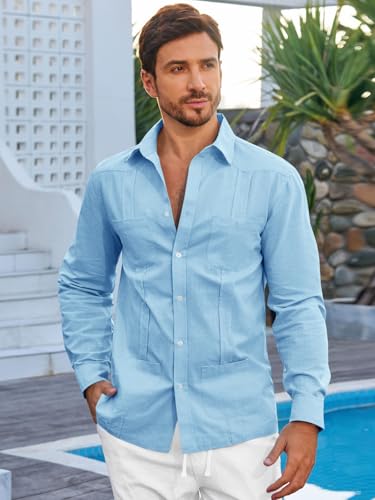 Makkrom Mens Guayabera Linen Shirts Long Sleeve Button Down Cuban Casual Summer Beach Shirt Tops2