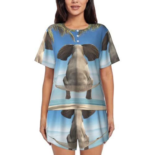 Ensemble pyjama 2 pièces femme imprimé éléphant tropical décontracté avec poches