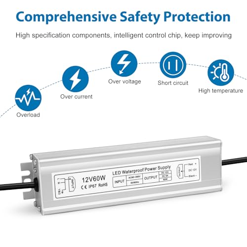 Image of 12V 60W LED Power Supply, IP67 Waterproof LED Driver Transformer, AC 90-265V to DC 12V 5A Low Voltage Converter for Outdoor Landscape Lighting and LED Strip Lights, 3-Prong Plug with 3.3FT Cable