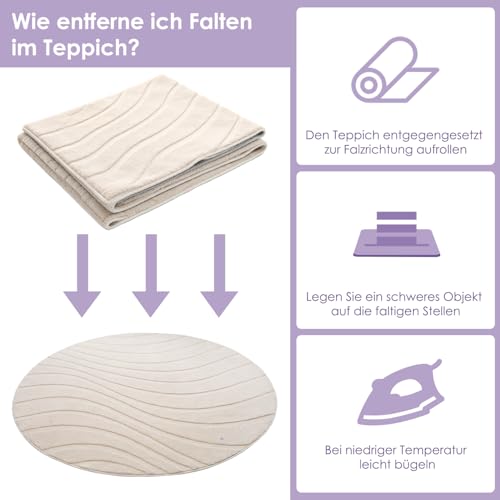 ROHATIM Runder Teppich Beige Ø 80 cm mit Relief-Struktur Wellen, Weicher Soft-Flanell, rutschfest, Waschbar & Faltbar, Deko-Akzent für Kinderzimmer & Leseecke