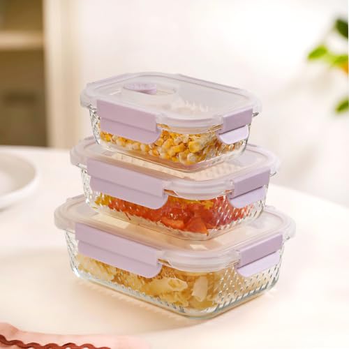 Image of Nestasia Glass Container with Lid for Kitchen Set of 3 (370ml, 660ml, 1L) - Airtight Diamond Embossed Food Container with Air Vent for Fridge Storage | Dishwasher, Microwave & Freezer Safe Container