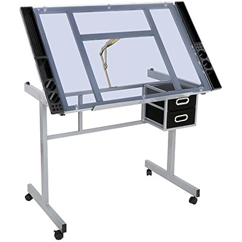 LEMY Drafting Table Adjustable Tilting Tabletop, Artist Drawing Desk with Slide Storage Drawers and Wheels, Art Craft Station for Home Office Cover