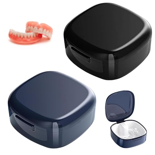 2 Pack Denture Bath Case Portable Denture Box Retainer Denture Box Plastic False Teeth Bath Box Braces Box Denture Cleanning Set Dentures Container with Strainer for Storing Soaking Dentures