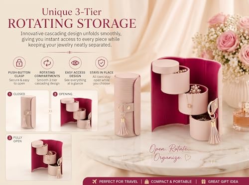 Image of Portable Travel Jewellery Box for Women & Girls - 3-Layer Compact Organizer Roll for Rings, Earrings, Necklaces & Bracelets (Baby Pink)
