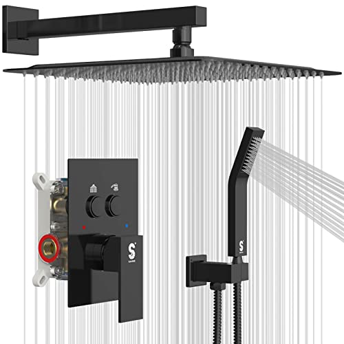 Sr Sun Rise Shower System With Push Button Diverter Bathroom Luxury 12 Inch Rain Shower Head With Handheld Spray, High Pressure Shower Faucet Combo Set With Rough-In Valve & Trims, Matte Black #TOP24